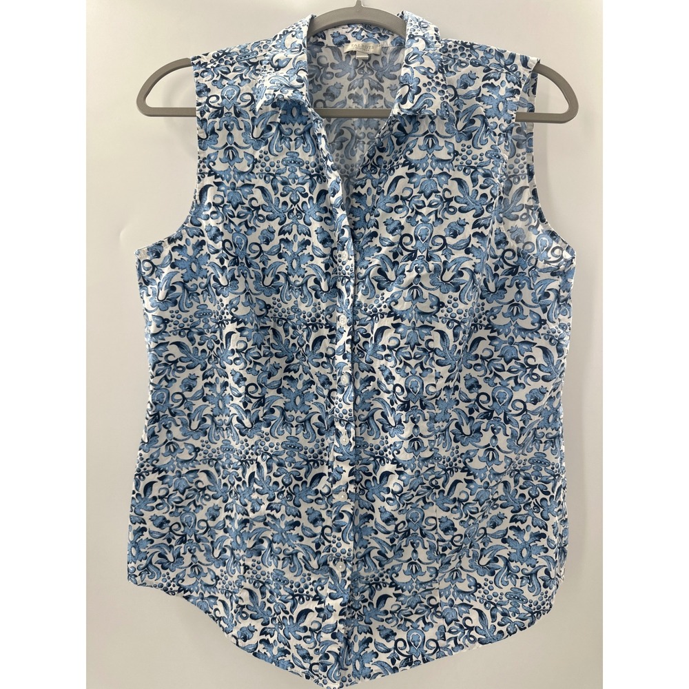 Talbots Petite Blue White Floral Scroll Sleeveless Button Down Blouse Large LP